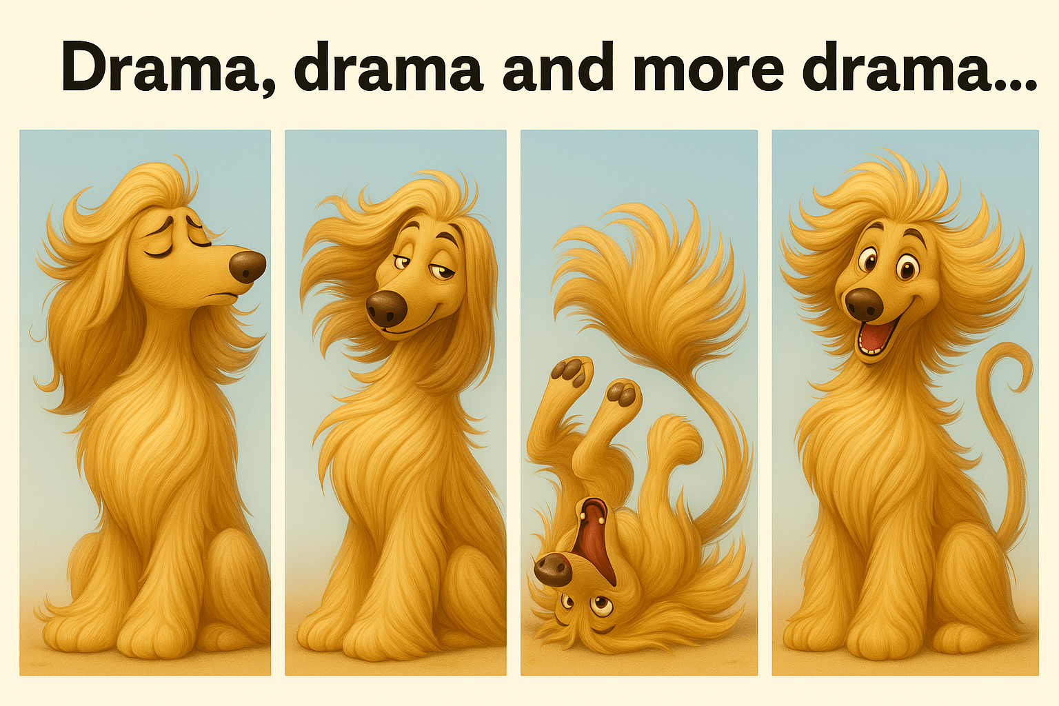 3D Pixar style Afghan Hound being dramatic